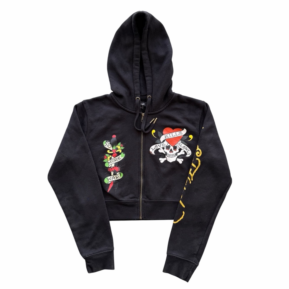 Ed Hardy Women’s Love Kills Slowly Skull Graphic Cropped Hoodie Full Zip Large